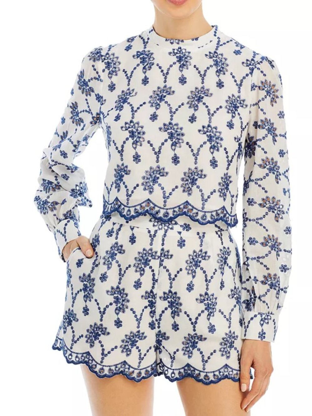AQUA Embroidered Eyelet Long Sleeve Top XS